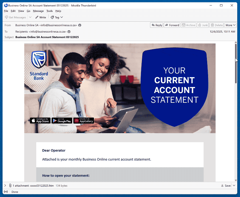 Standard Bank Account Statement Aparência do e-mail fraudulento