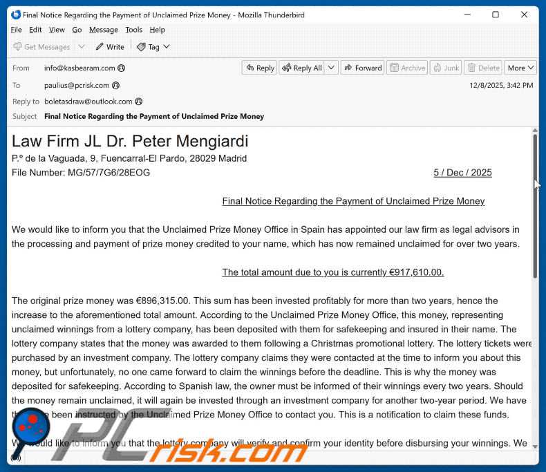 Unclaimed Prize Money aparência de e-mail fraudulento (GIF)