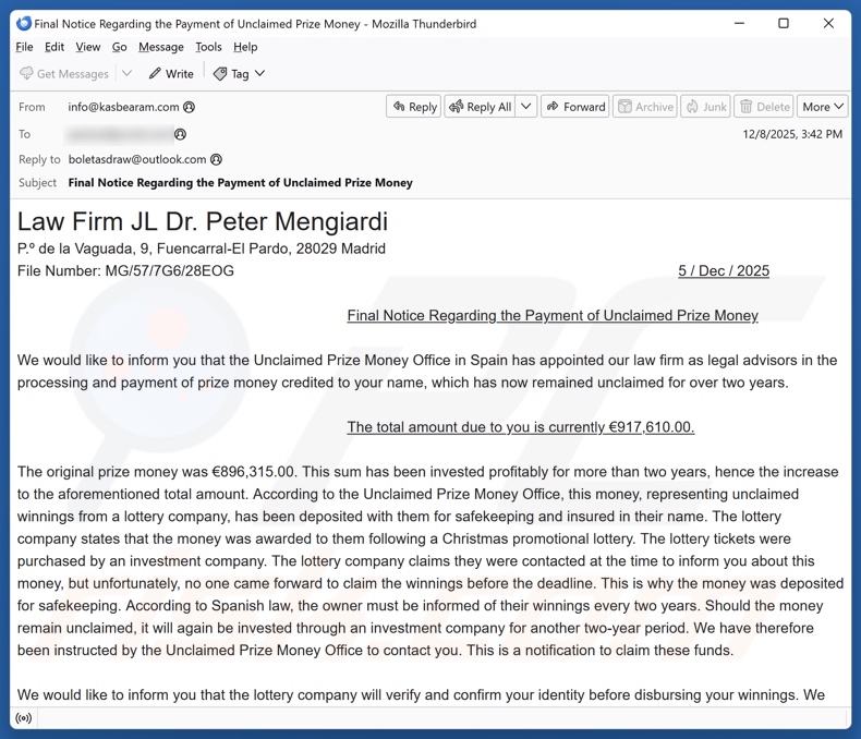 Unclaimed Prize Money campanha de spam por e-mail