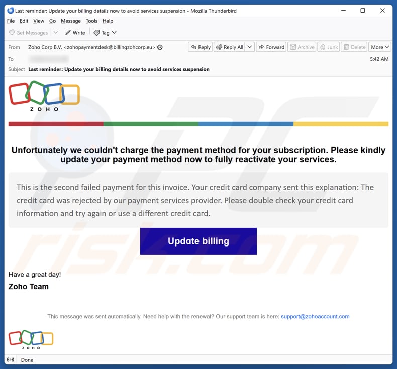 Zoho - Update Your Payment Method campanha de spam por e-mail