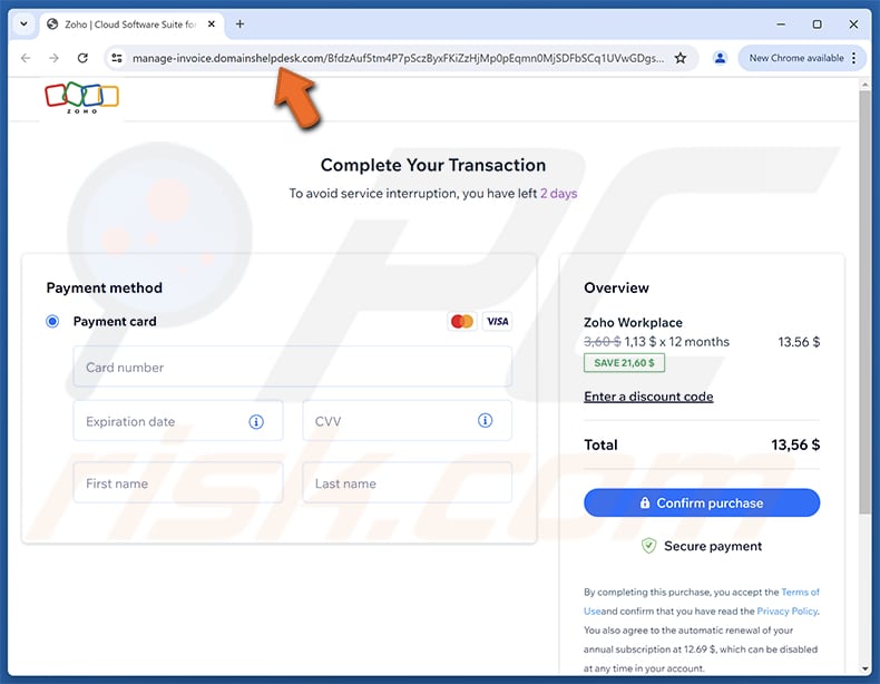 Zoho - Update Your Payment Method Site de phishing para golpes por e-mail