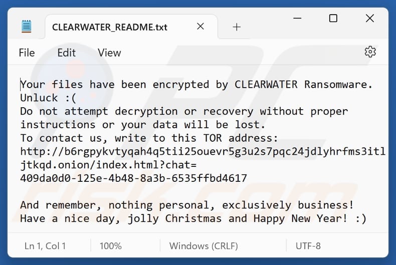Arquivo de texto do ransomware ClearWater (CLEARWATER_README.txt)