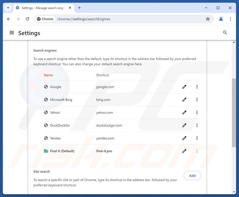 Remover find-it.pro do motor de busca predefinido do Google Chrome