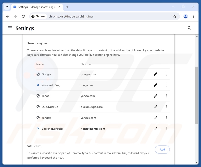Removendo homefindhub.com do motor de pesquisa padrão do Google Chrome