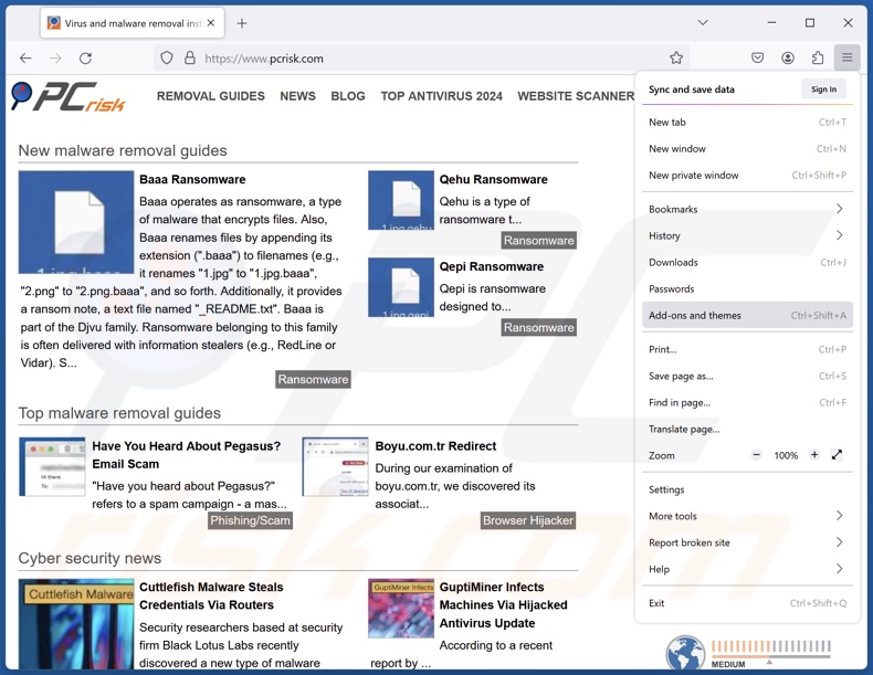 Remover extensões fraudulentas do Mozilla Firefox passo 1