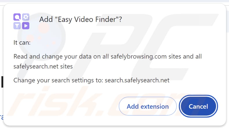 O sequestrador de navegador Easy Video Finder solicita permissões