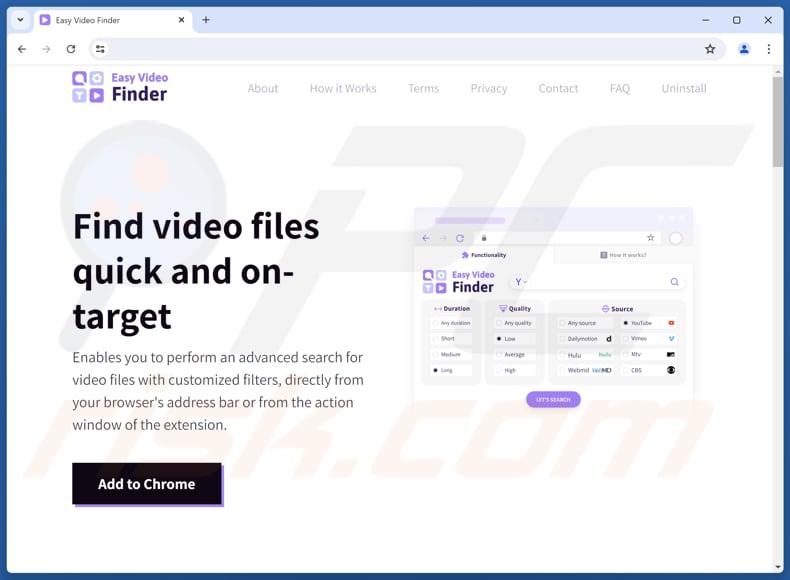 Site usado para promover o sequestrador de navegador Easy Video Finder
