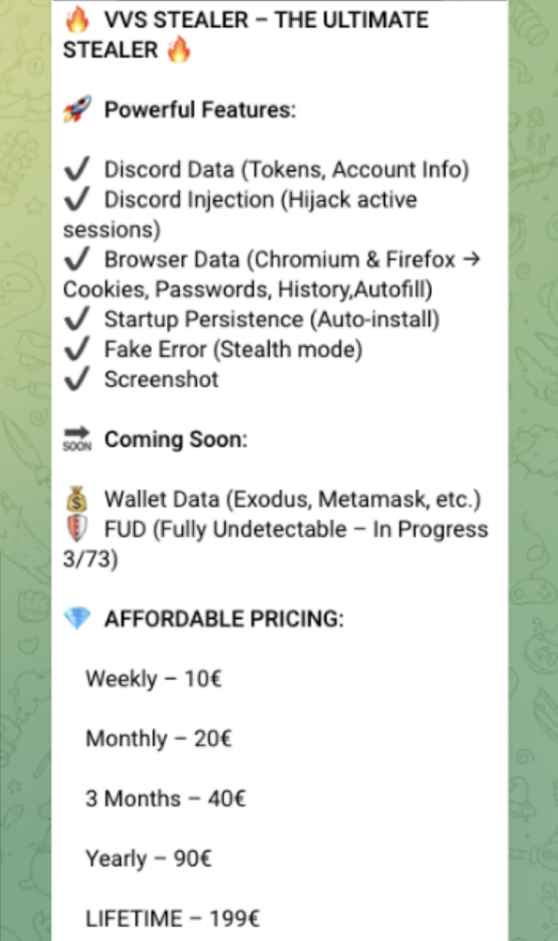 VVS stealer promovido no Telegram