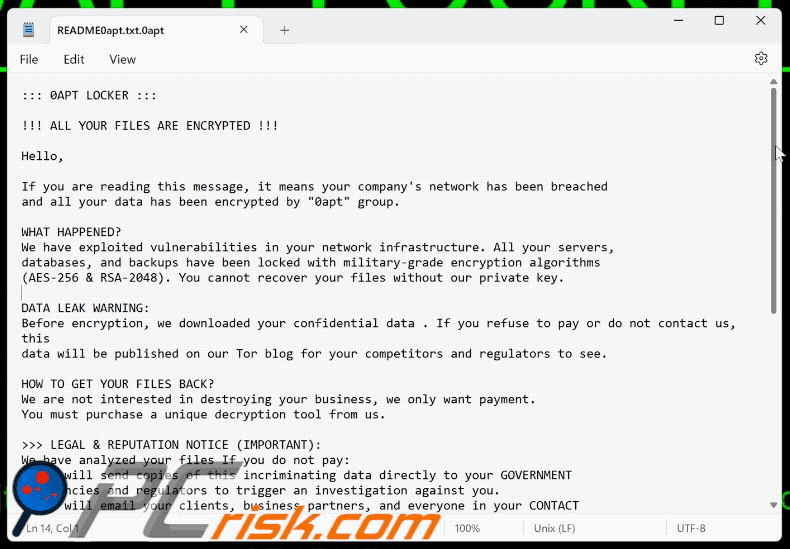 0apt Locker ransomware ficheiro de texto (README0apt.txt)