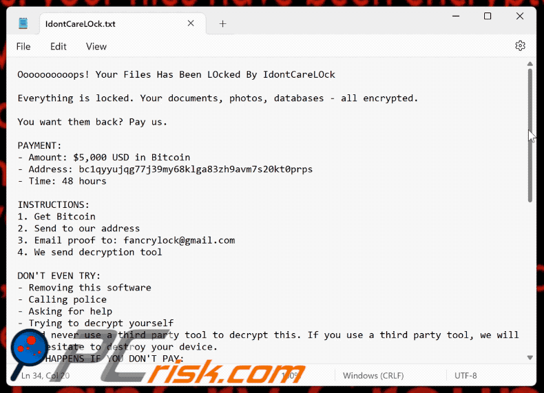 Nota de resgate do ransomware IdontCareLOck (IdontCareLOck.txt)