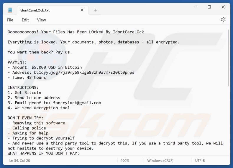 Arquivo de texto do ransomware IdontCareLOck (IdontCareLOck.txt)