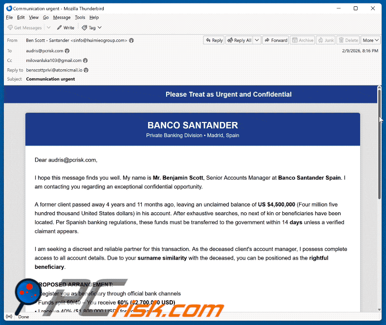 Banco Santander - Aparecimento de e-mail fraudulento sobre saldo não reclamado
