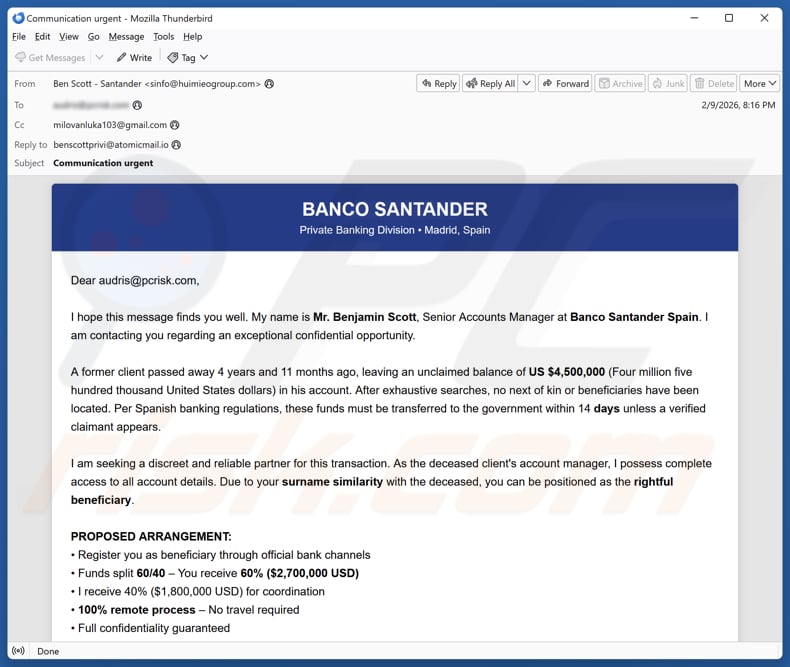 Santander Bank - Unclaimed Balance campanha de spam por e-mail