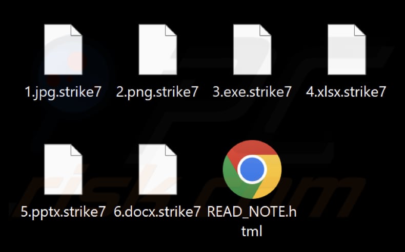 Ficheiros encriptados pelo ransomware Strike (extensão .strike7)