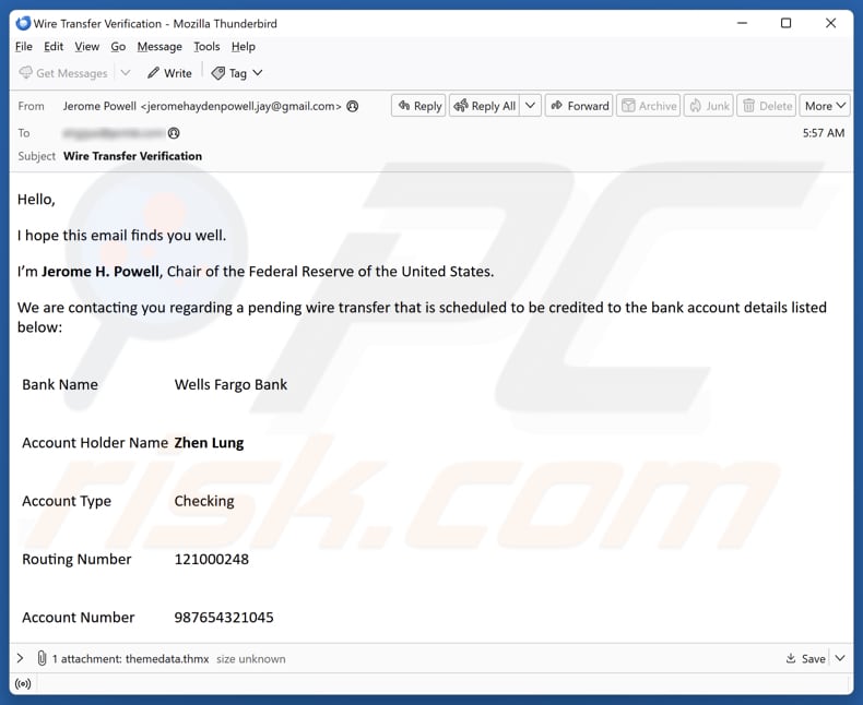 Wells Fargo - Pending Wire Transfer campanha de spam por e-mail
