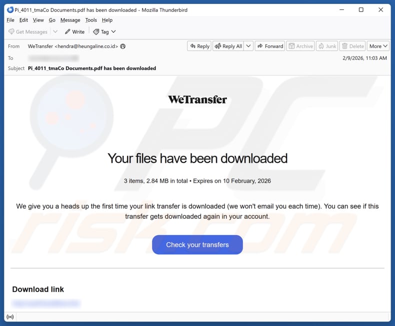 WeTransfer - Your Files Have Been Downloaded campanha de spam por e-mail