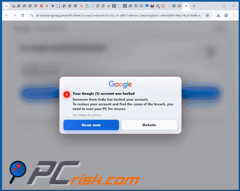 Aparência do Your Google Account Was Hacked burla