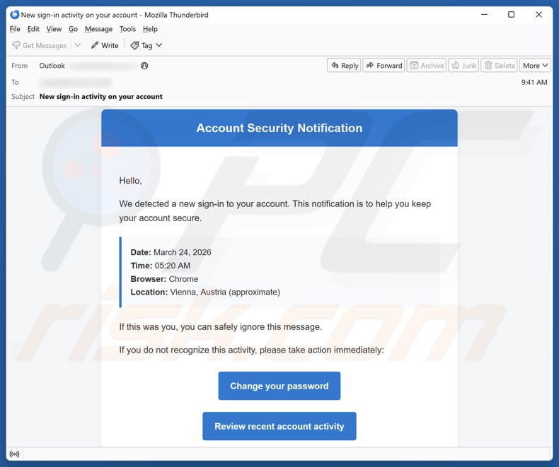 Account Security Notification campanha de spam por e-mail