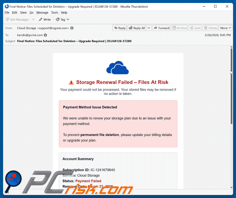 Cloud Storage Renewal Failed Aspecto do e-mail fraudulento