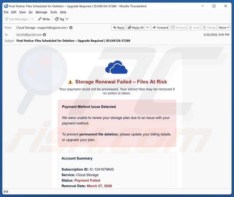 Cloud Storage Renewal Failed campanha de spam por e-mail