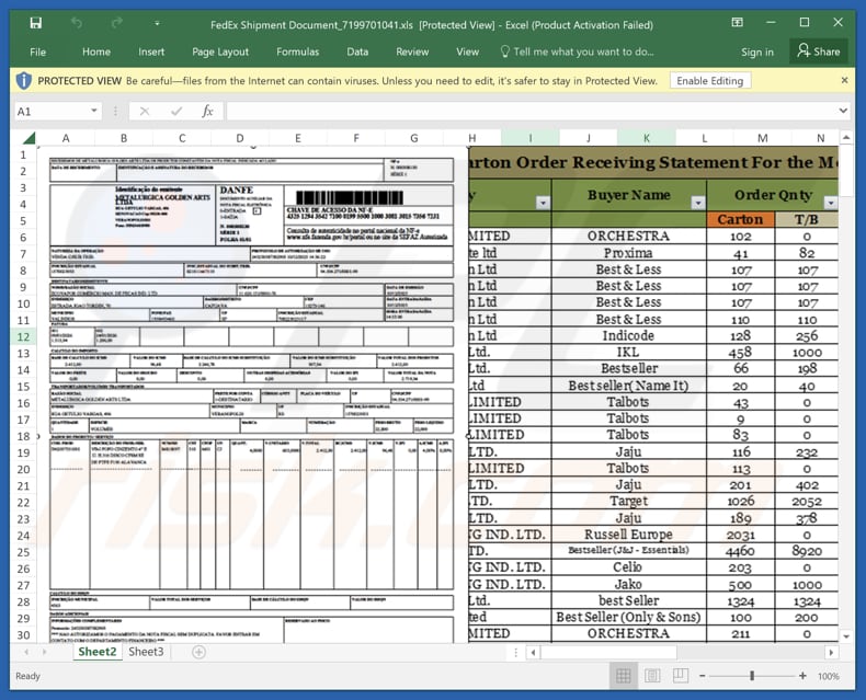 FedEx - Shipment Has Arrived In Our Airport E-mail fraudulento com anexo malicioso em Excel
