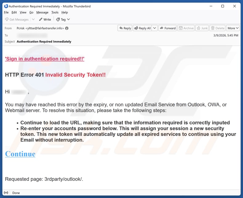 HTTP Error 401 Invalid Security Token campanha de spam por e-mail