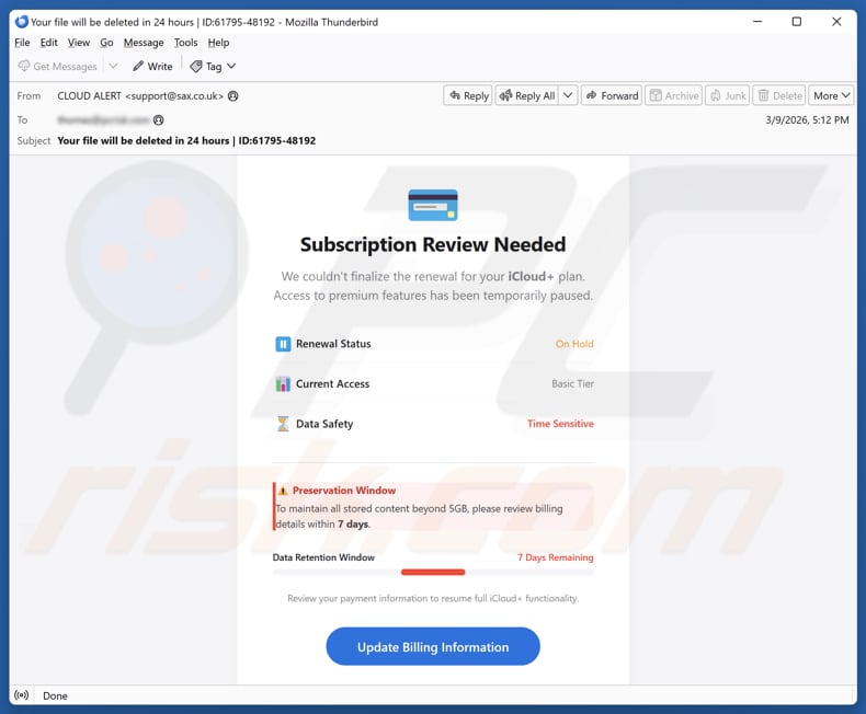 iCloud Subscription Review Needed campanha de spam por e-mail