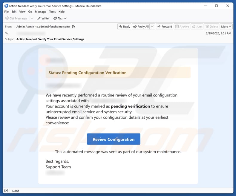 Pending Configuration Verification campanha de spam por e-mail