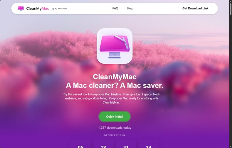 Site falso do CleanMyMac, cleanmymacos.org, criado pelo SHub Stealer (fonte: malwarebytes.com)