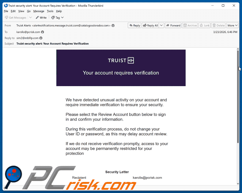 Truist - Account Requires Verification Aspecto do e-mail fraudulento