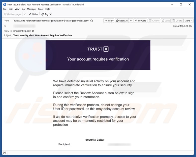 Truist - Account Requires Verification campanha de spam por e-mail