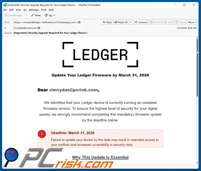 Update Your Ledger Firmware Aspecto do e-mail fraudulento