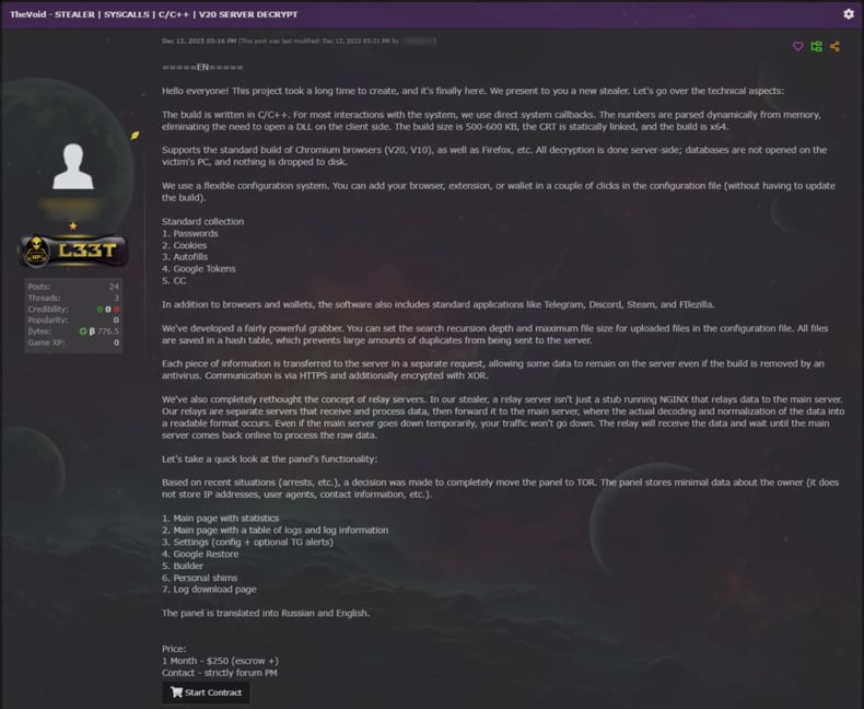 VoidStealer malware fórum de hackers
