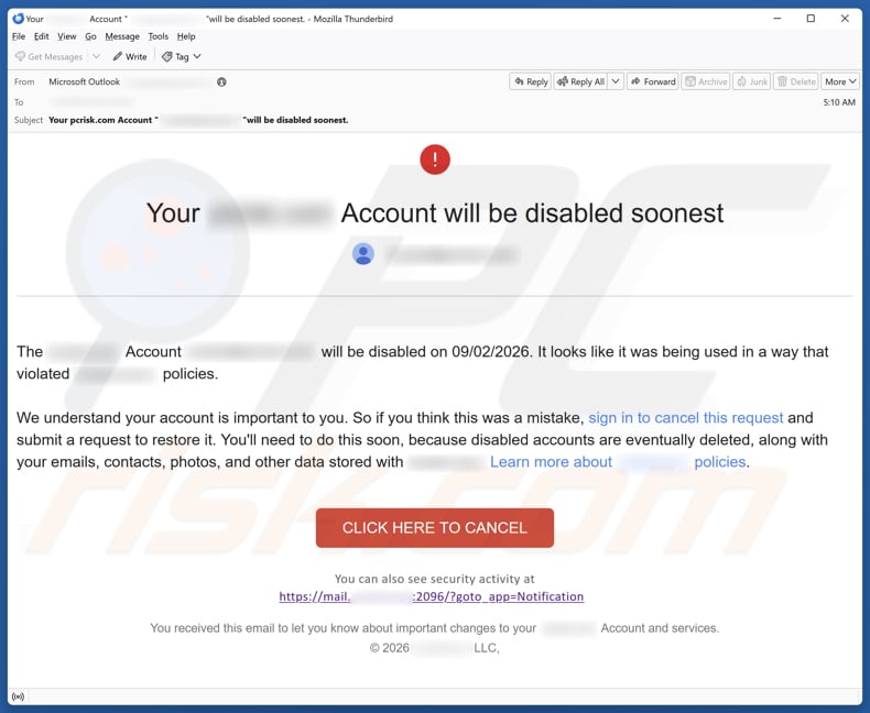 Your Account Will Be Disabled campanha de spam por e-mail