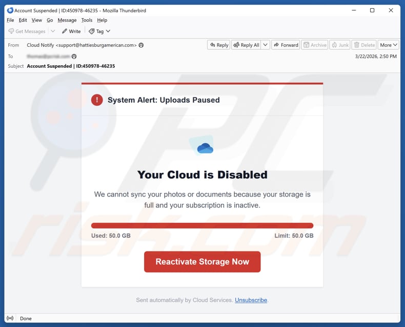 Your Cloud Is Disabled campanha de spam por e-mail