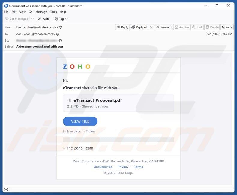 Zoho - File Shared With You campanha de spam por e-mail