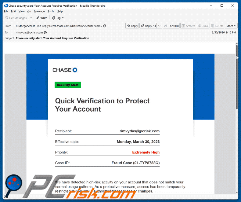 Chase - Verification To Protect Your Account Aspecto do e-mail fraudulento