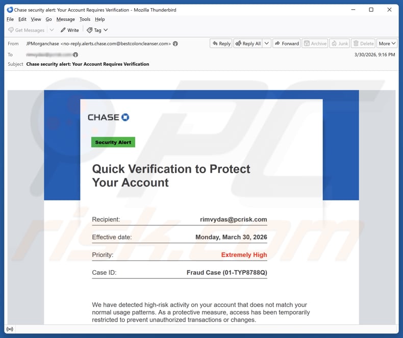 Chase - Verification To Protect Your Account campanha de spam por e-mail