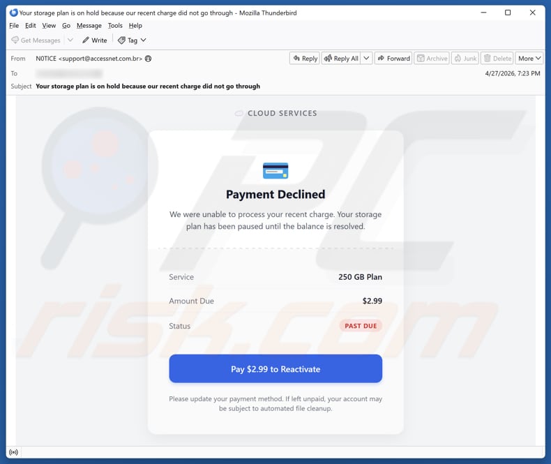 Campanha de spam por e-mail Cloud Services - Payment Declined