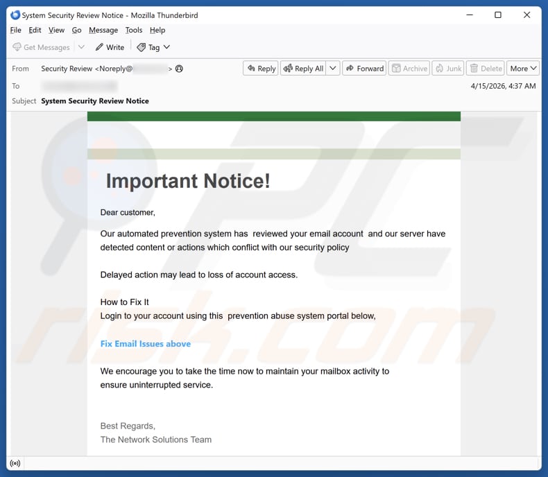 Campanha de spam por e-mail Content Or Actions Conflict With Our Security Policy