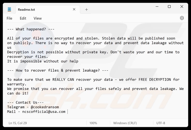 Ficheiro de texto do ransomware Cooked (Readme.txt)