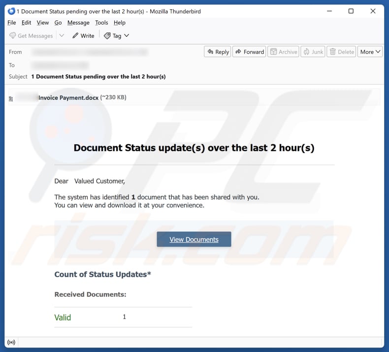 Campanha de spam por e-mail Document Status Update