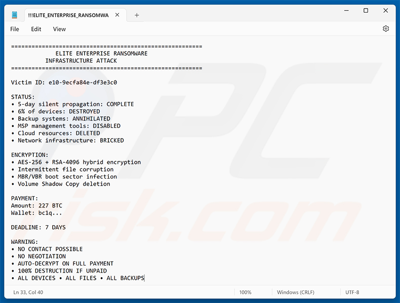 Nota de resgate em texto do ransomware Elite Enterprise (!!!ELITE_ENTERPRISE_RANSOMWARE!!!.txt)