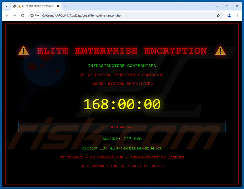 Nota de resgate HTML do ransomware Elite Enterprise (elite_ransom.html)