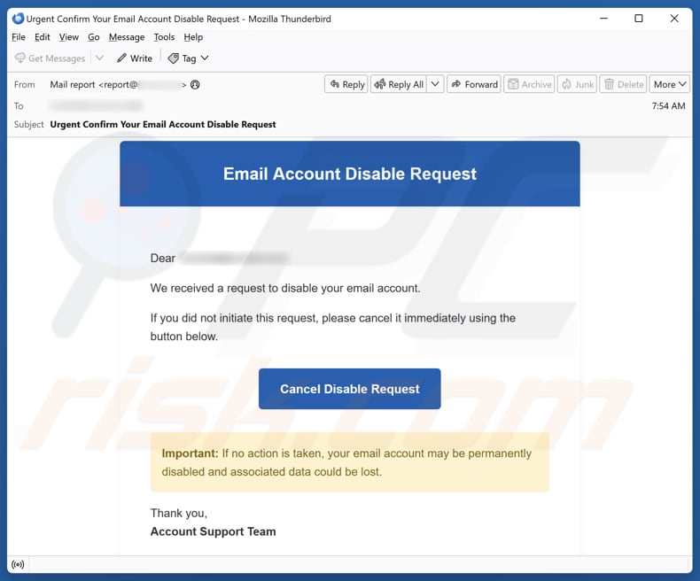 Campanha de spam do e-mail Email Account Disable Request