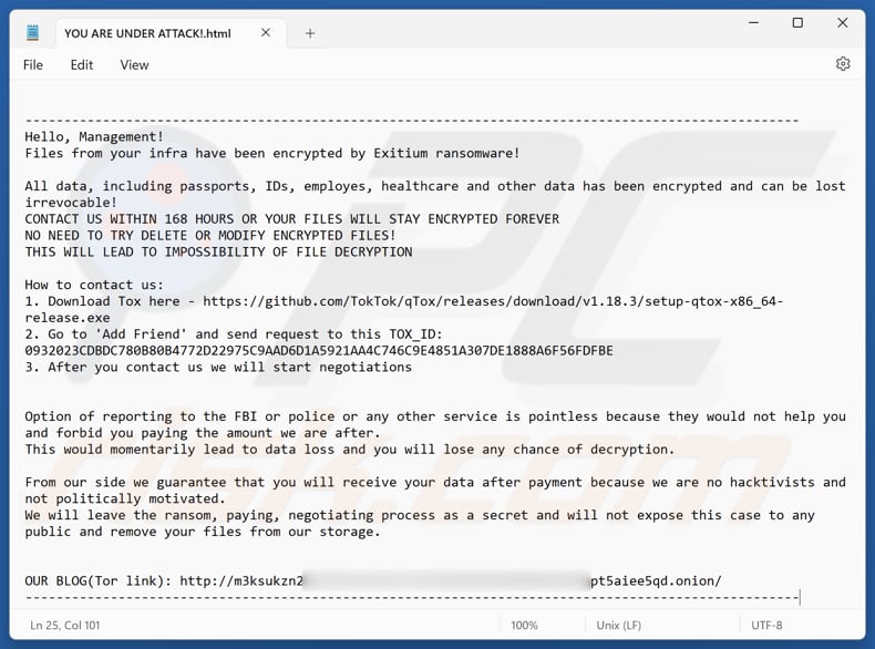 Exitium ransomware ficheiro com nota de resgate (YOU ARE UNDER ATTACK!.html)