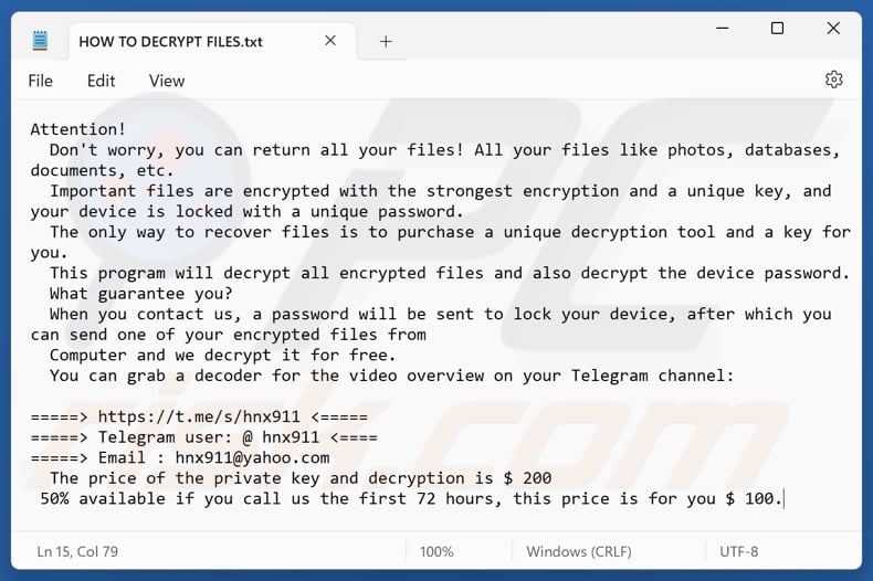 Ficheiro de texto do ransomware Hnx911 (HOW TO DECRYPT FILES.txt)