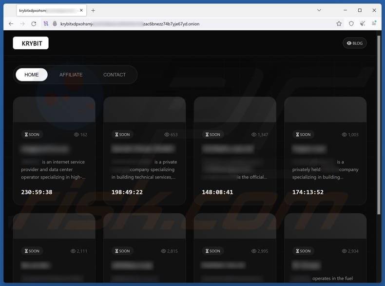 Página de fuga de dados do ransomware KRYBIT