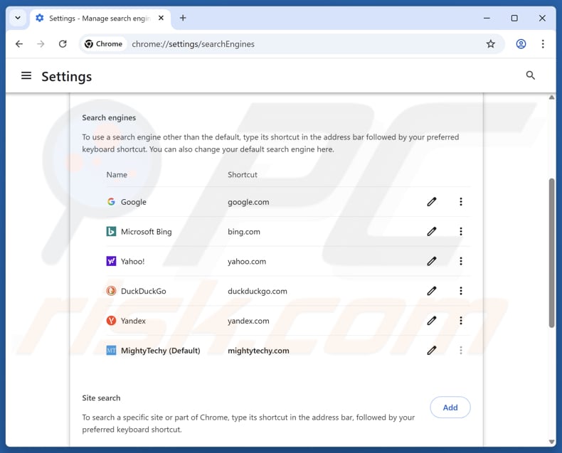 Remover mightytechy.com do motor de busca predefinido do Google Chrome