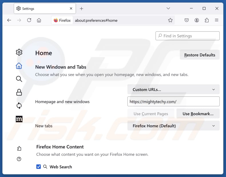 Remover mightytechy.com da página inicial do Mozilla Firefox